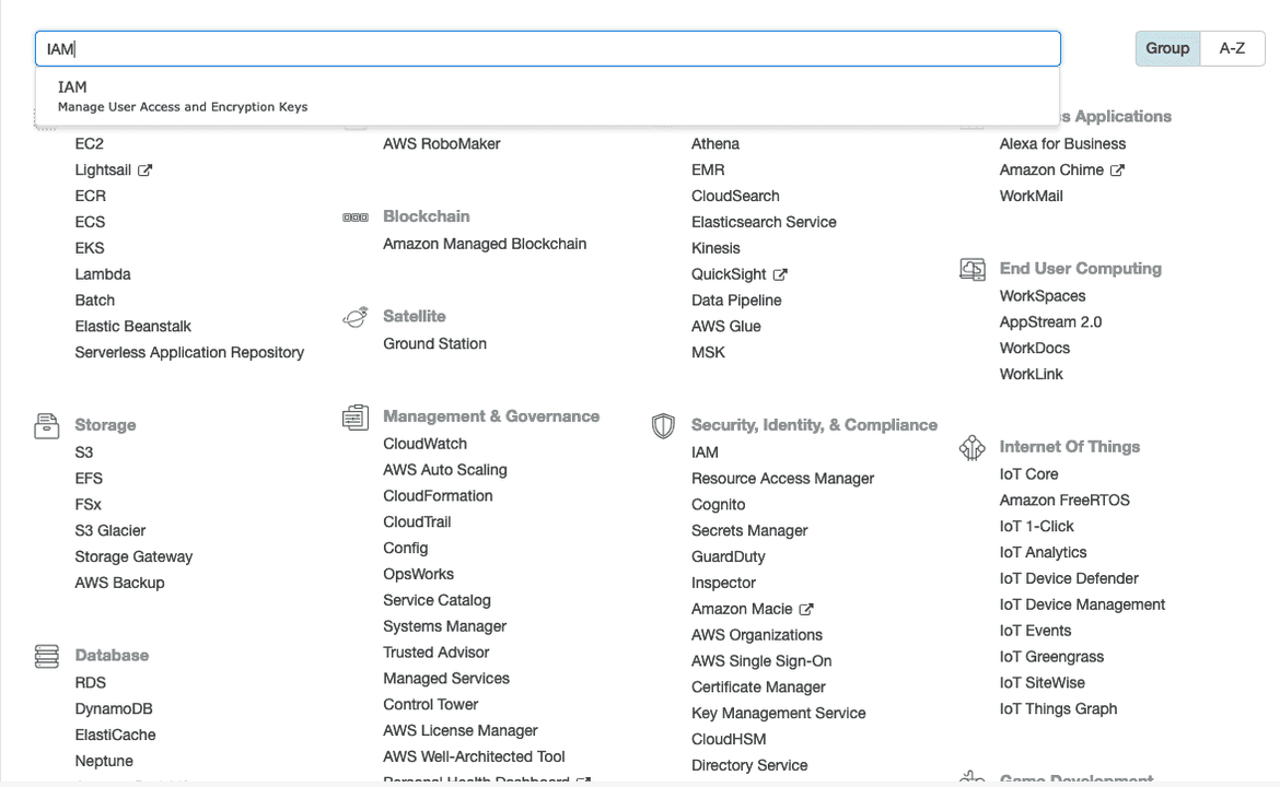 Consola AWS buscando el servicio IAM
